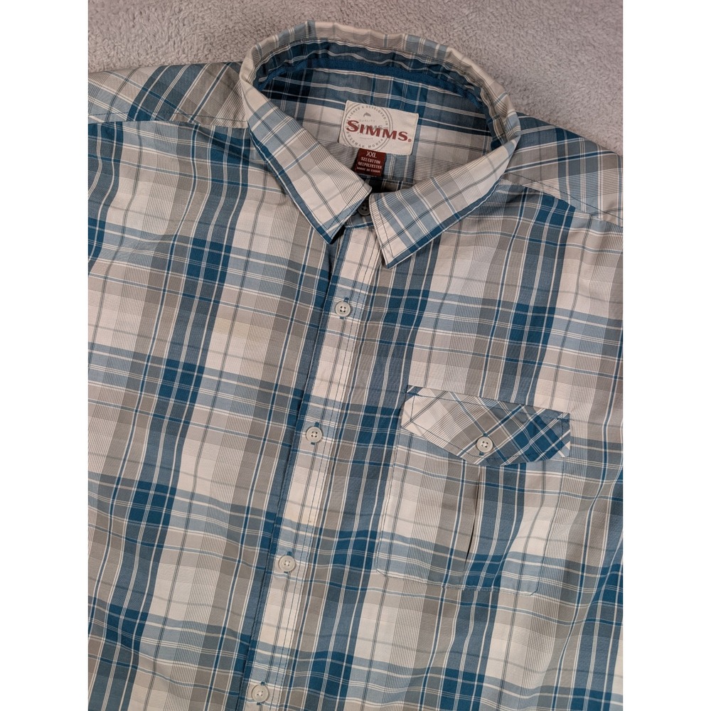 Simms Mens‎ XXL Blue Plaid Short Sleeve Button Down Fishing Shirt Cotton Blend